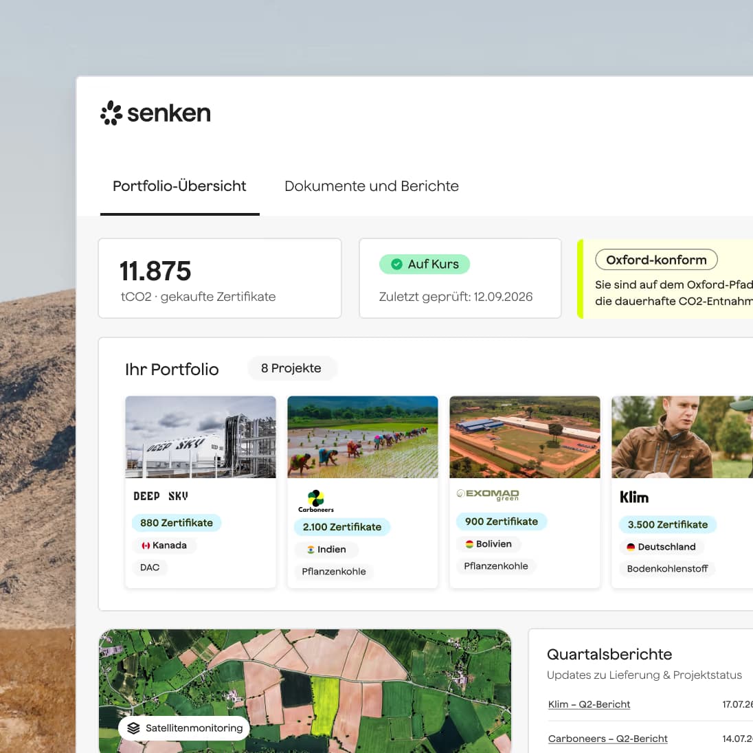 Portfolio-Übersicht der Senken-Plattform mit gekauften Zertifikaten, Projektkarten, Satellitenmonitoring und Quartalsberichten