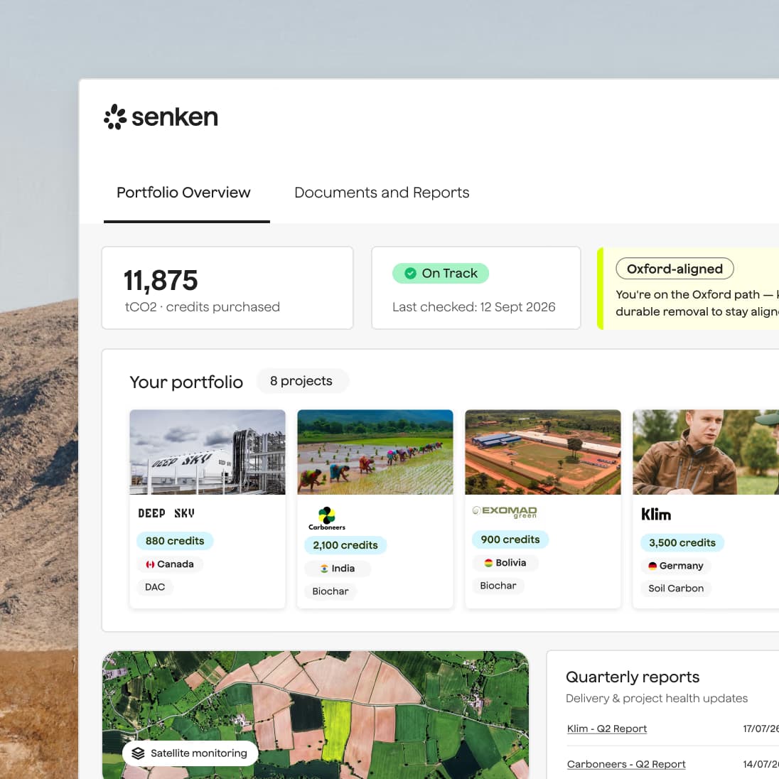 The Senken platform's portfolio overview with purchased credits, project cards, satellite monitoring and quarterly reports