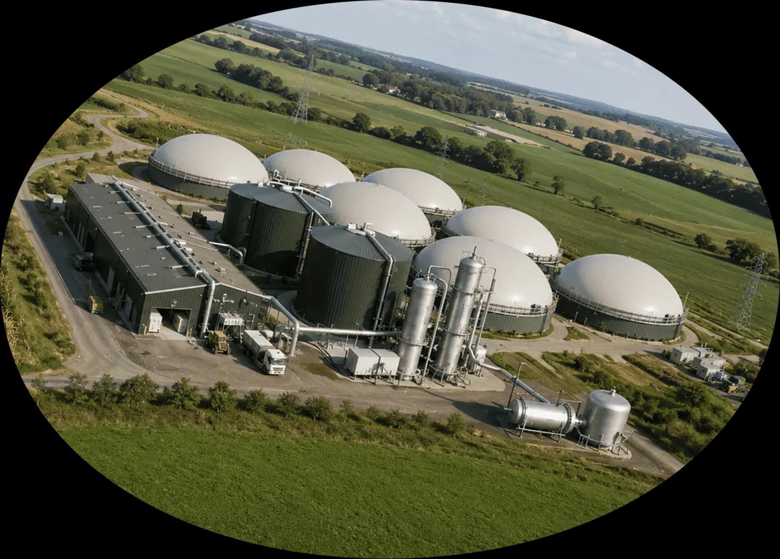 Luftaufnahme einer Bioenergie-Anlage mit Biogaskuppeln zwischen Feldern