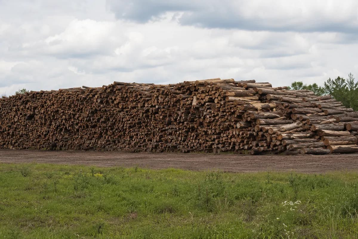 Long deck of stacked waste logs awaiting storage