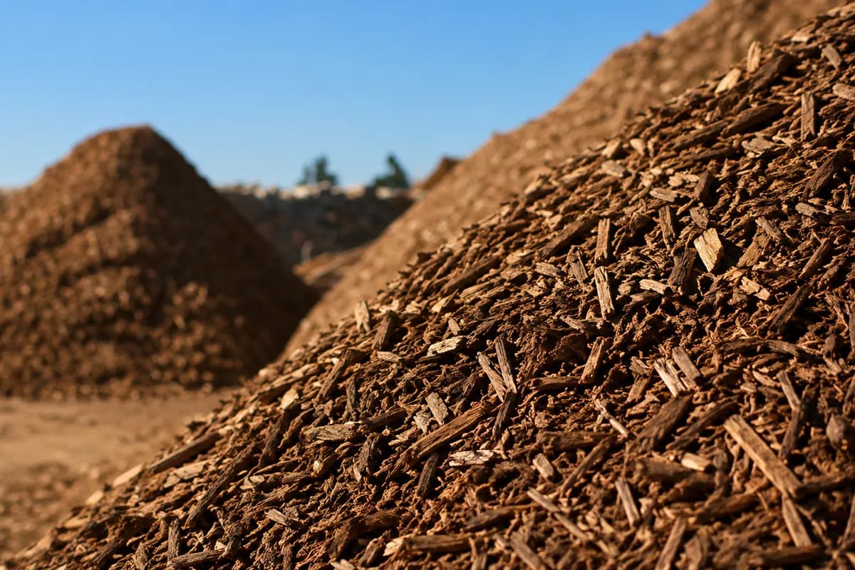 Piles of shredded waste wood awaiting storage