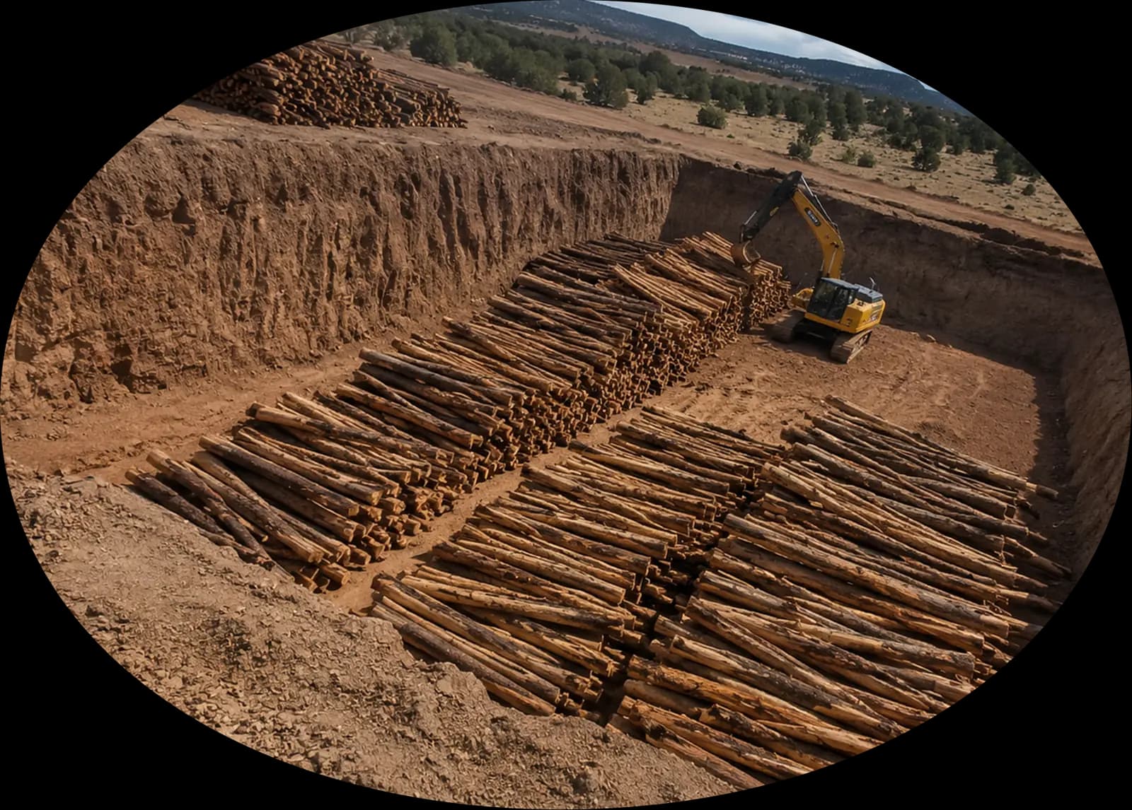 Excavator laying waste logs in rows inside an engineered burial trench