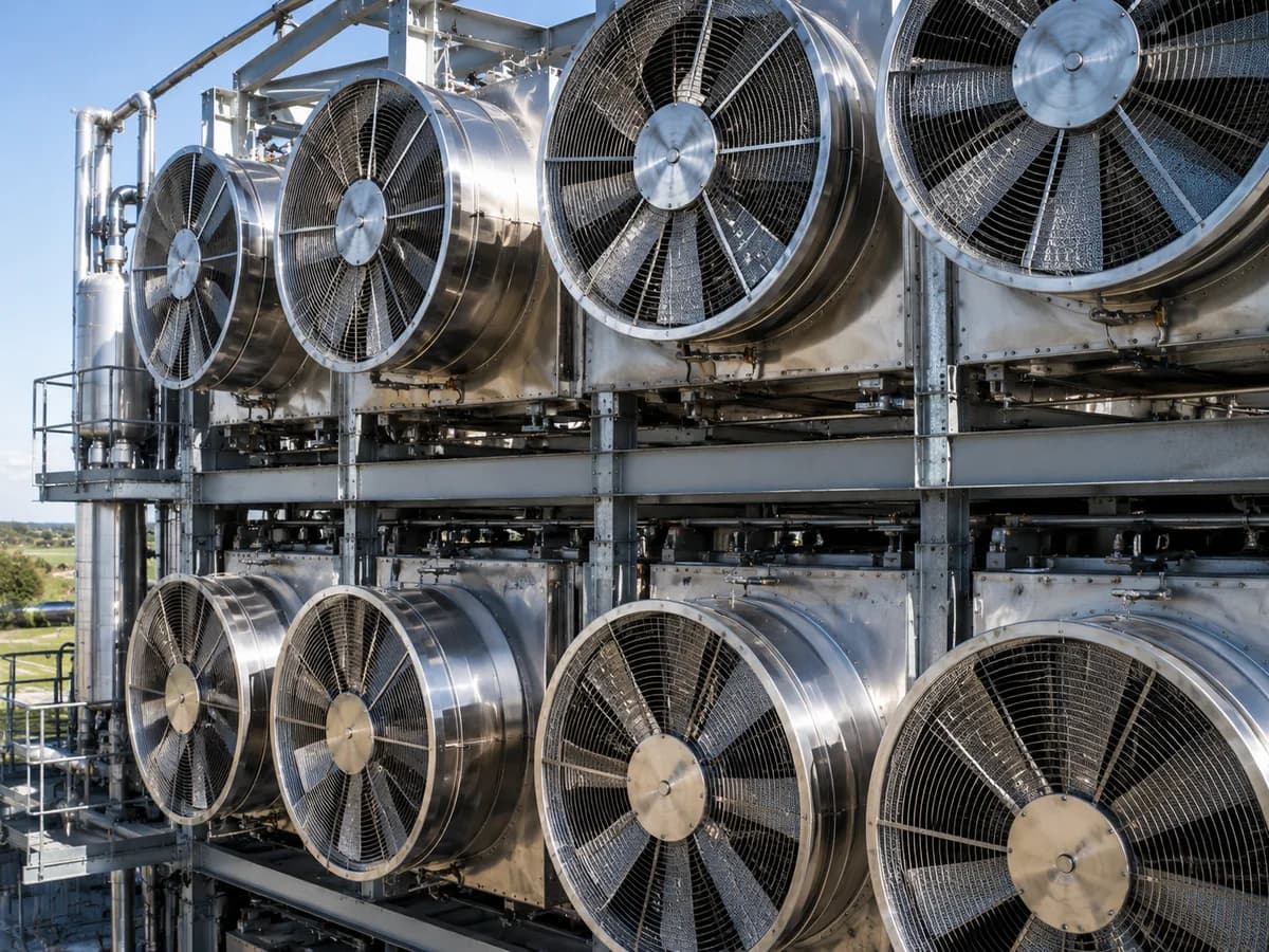 Close-up of a direct air capture fan array