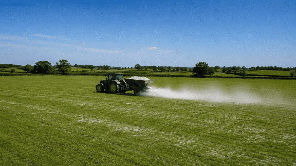 Traktor bringt Gesteinsmehl auf einem grünen Feld aus