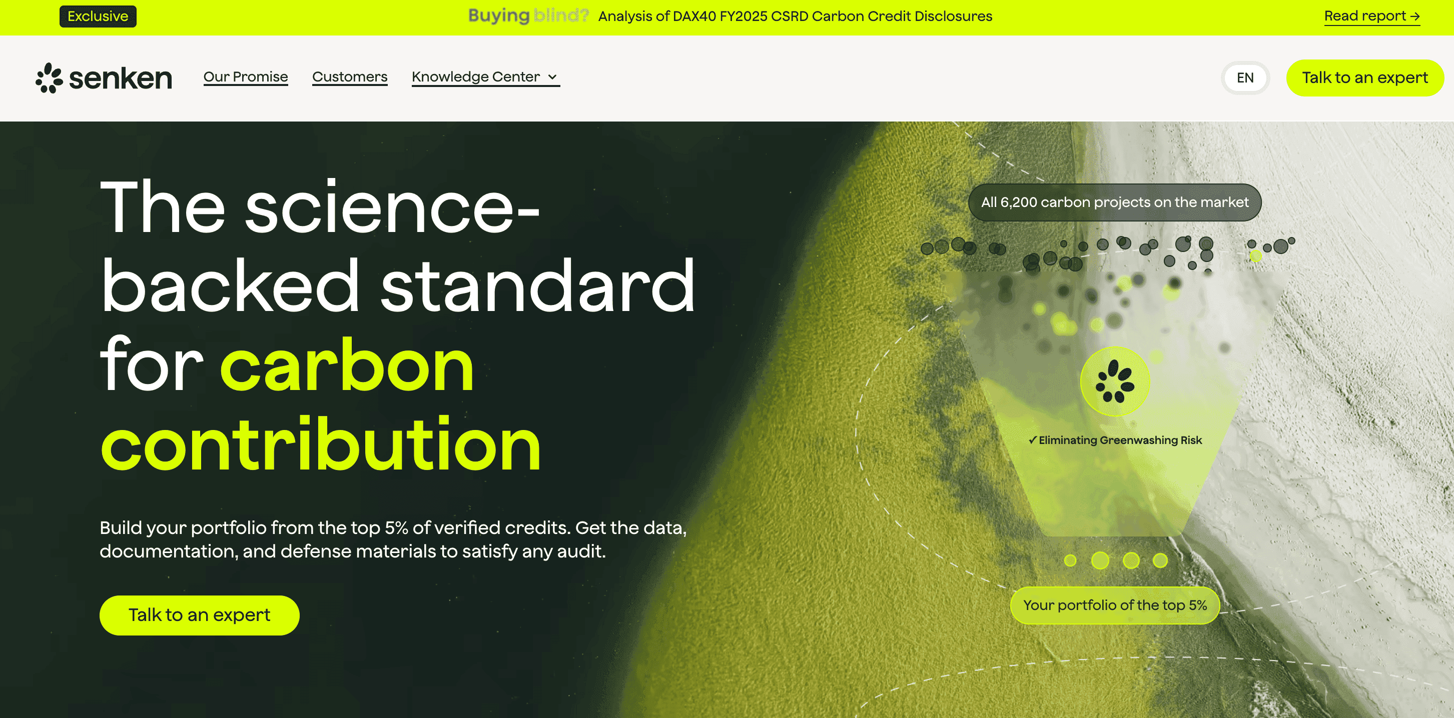 Senken carbon removal platform landing page showing the portfolio dashboard and integrity scoring preview