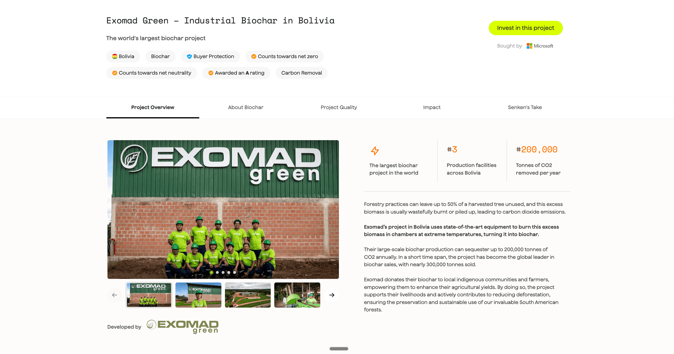 Pflanzenkohleprojekt in Bolivien: 300.000 Tonnen Zertifikate aus überschüssiger Biomasse, Vertrag mit Microsoft über 1,24 Mio. Tonnen