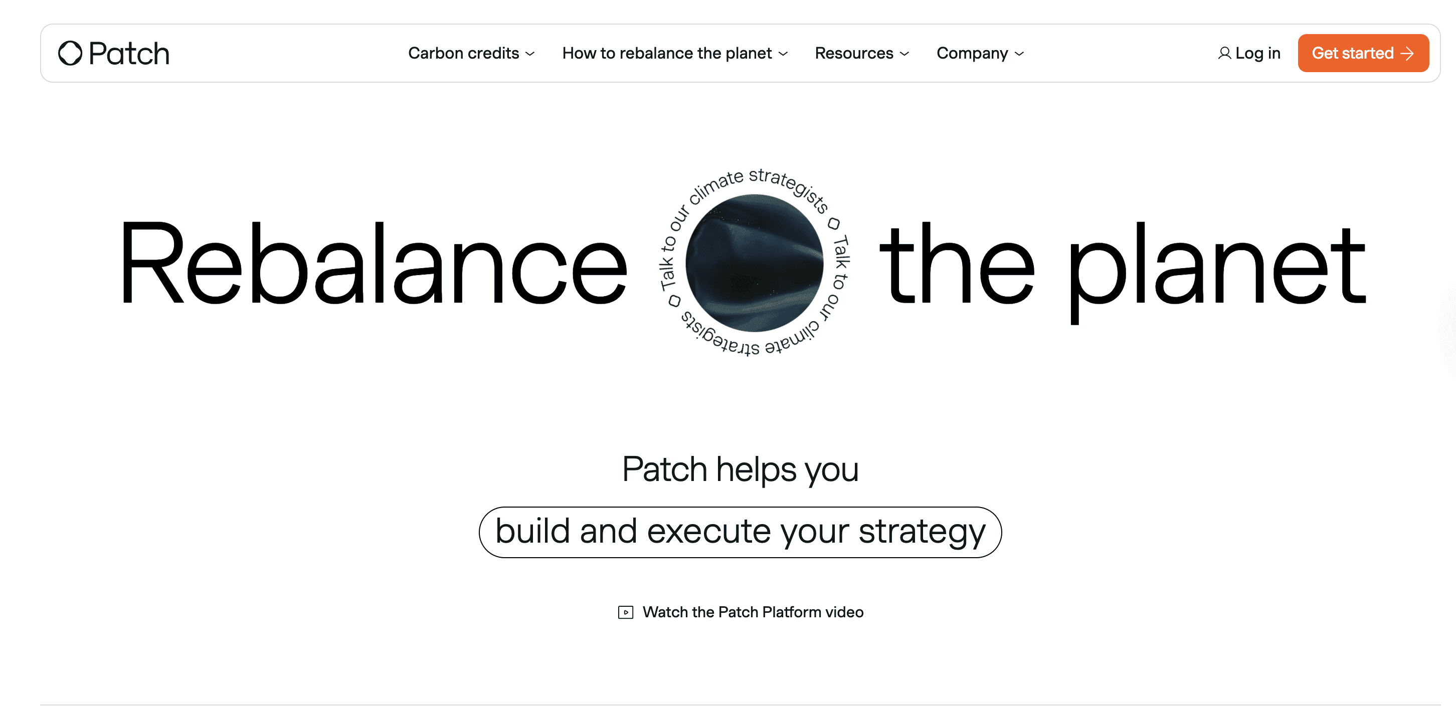 Patch carbon credit platform homepage showing the marketplace and API positioning