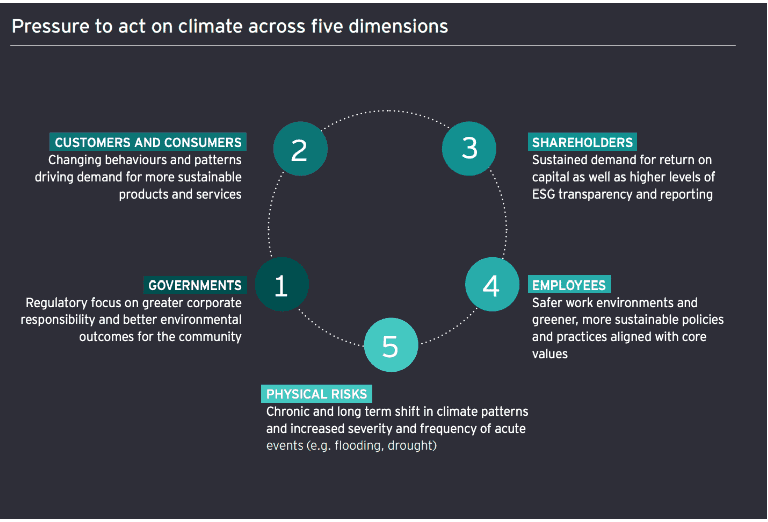 Five pressures driving corporate net-zero commitments: consumer demand, shareholder returns, regulatory focus, employee alignment, and physical risks.