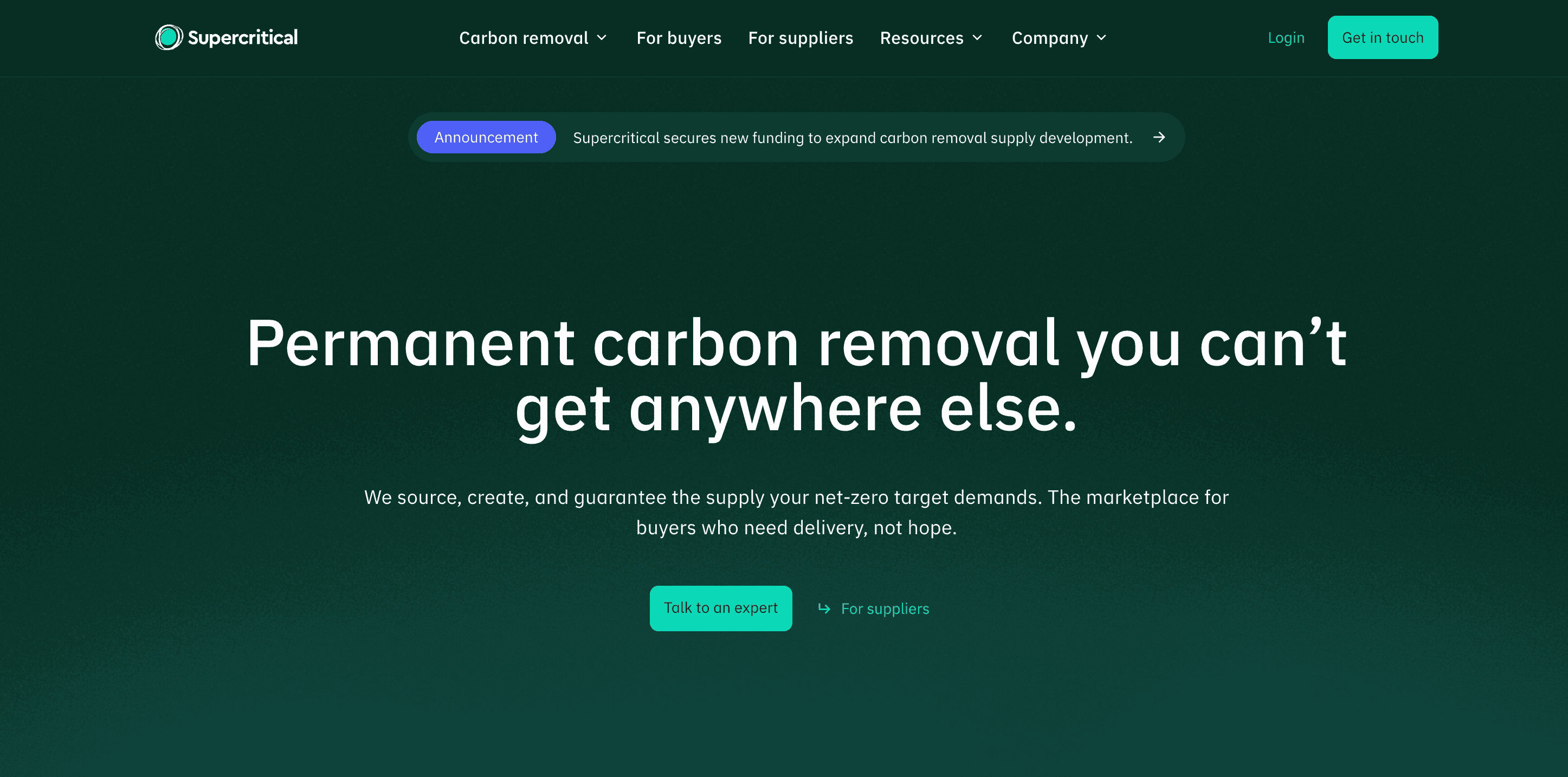 Supercritical permanent carbon removal marketplace homepage with product interface preview
