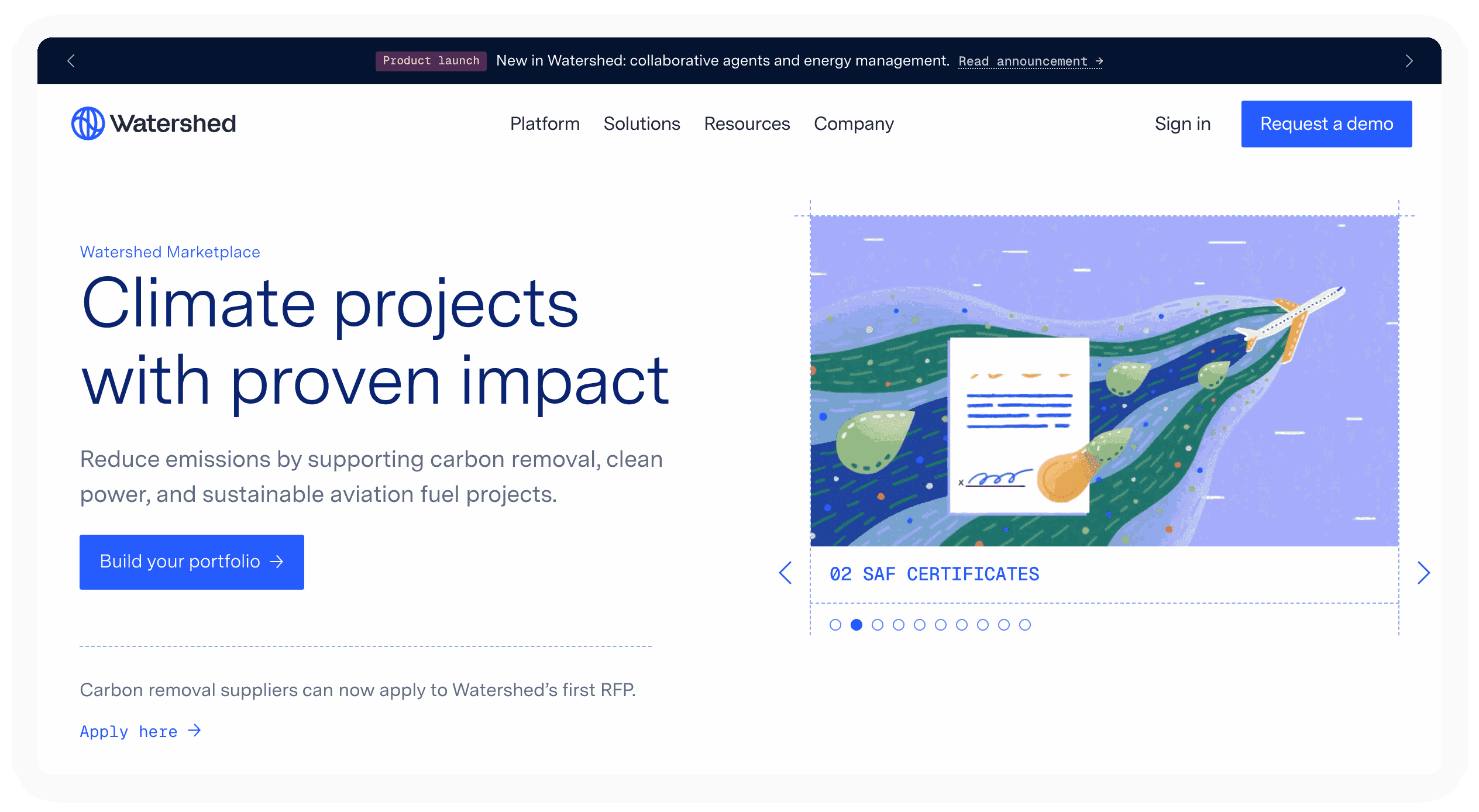 Watershed Marketplace page: climate projects for Watershed customers