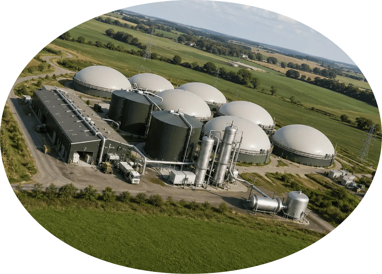 Aerial view of a bioenergy plant with biogas domes among crop fields