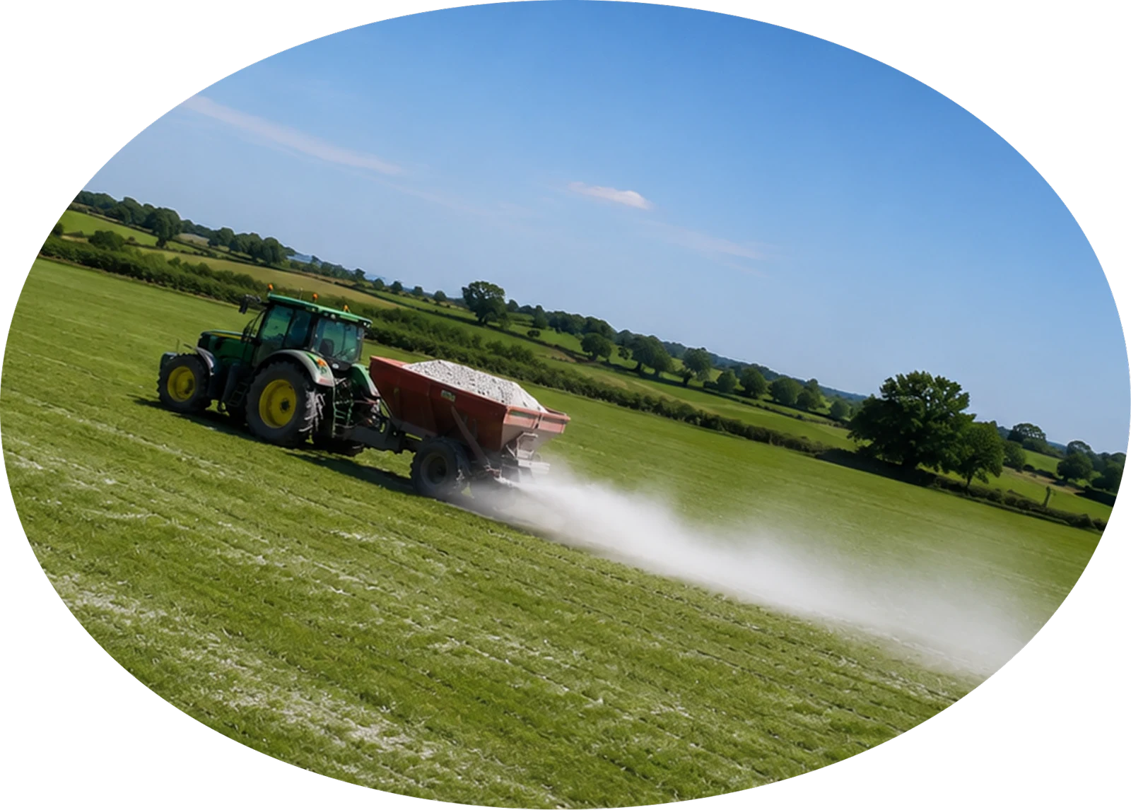 Traktor bringt zerkleinerten Basalt auf Ackerland aus